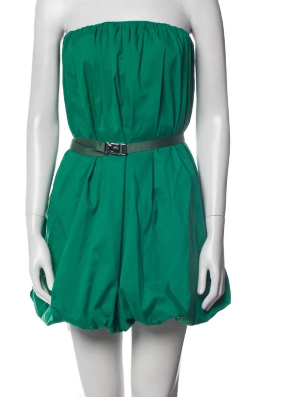 NWT STAUD Green Strapless Bubble Hem Mini Dress Belted Recycled Nylon Womens 4